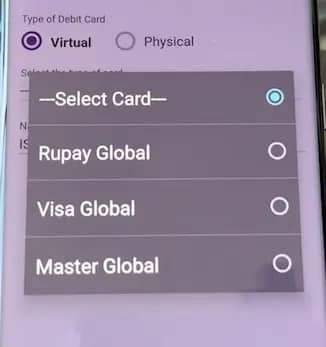 virtual debit card ka variant select Kare